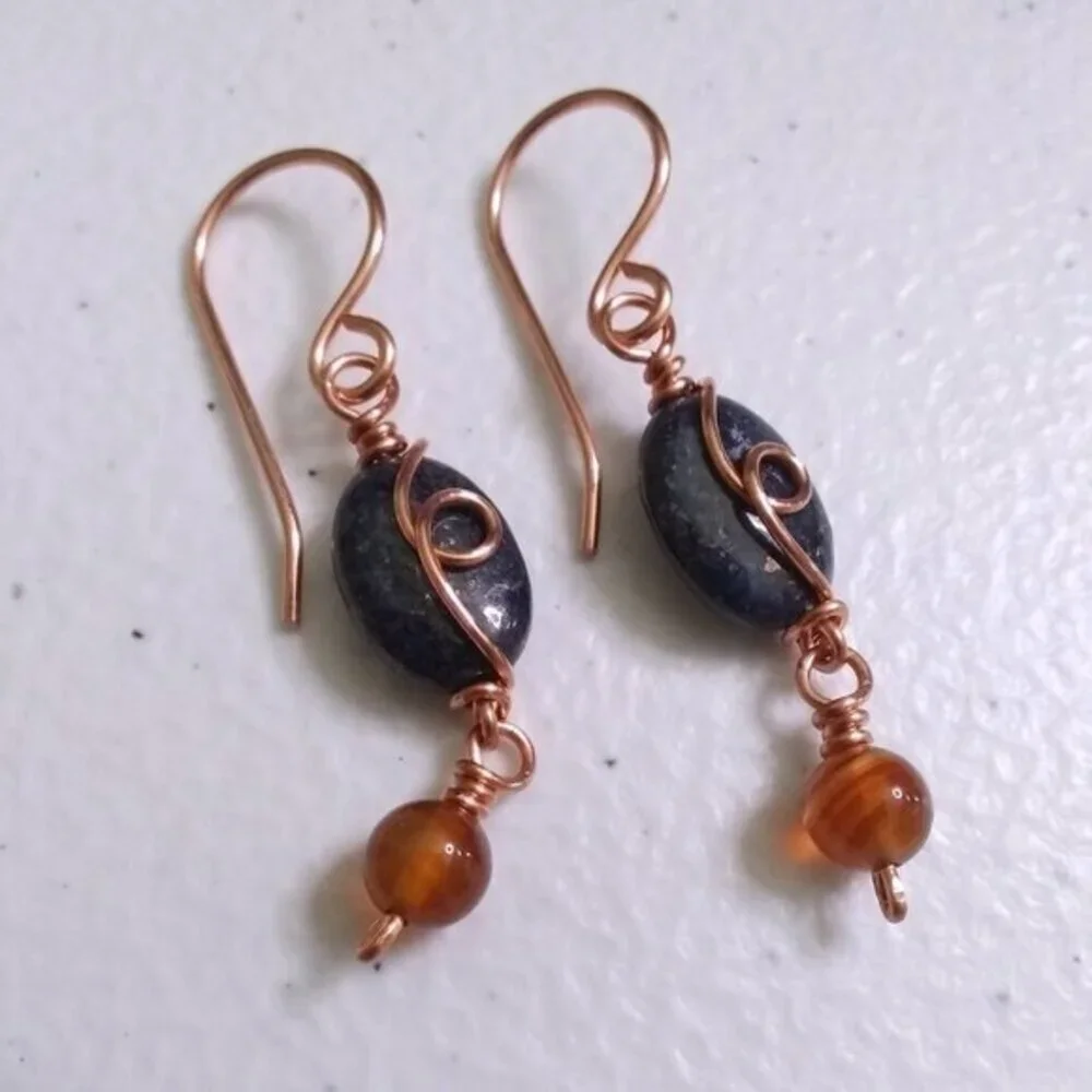 Fall Copper Earrings with Lapis Lazuli & Russet Agate ~ Handmade Boho City Chic